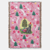 ピンクのクリスマス猫 スローブランケット (正面縦)
