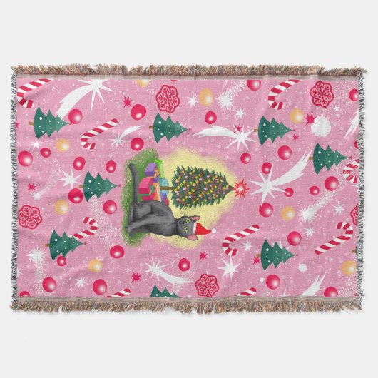 ピンクのクリスマス猫 スローブランケット (正面)