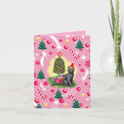 ピンクのクリスマス猫 ノートカード (正面)