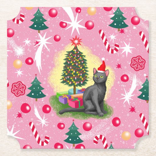 ピンクのクリスマス猫 ペーパーコースター (正面)
