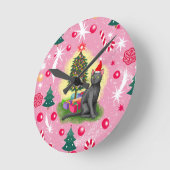 ピンクのクリスマス猫 ラウンド壁時計 (傾斜)