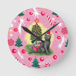 ピンクのクリスマス猫 ラウンド壁時計