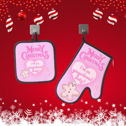 ピンクのクリスマス私はジンジャーブレッドのデューティピンクに乗っている | 鍋つかみ&鍋敷きセット