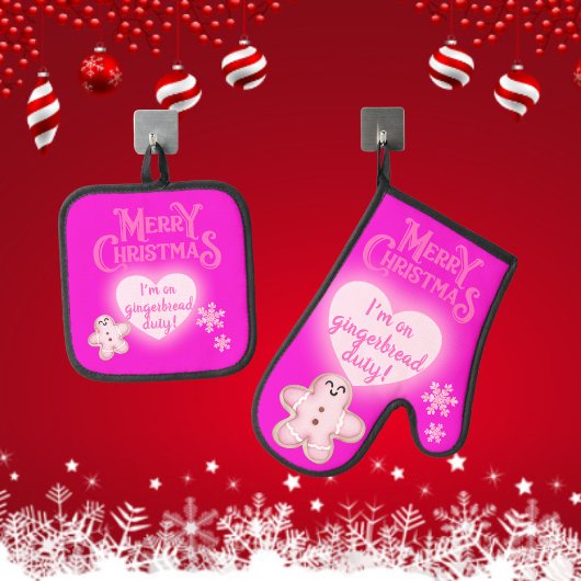 ピンクのクリスマス私はジンジャーブレッドのデューティピンクに乗っている | 鍋つかみ&鍋敷きセット