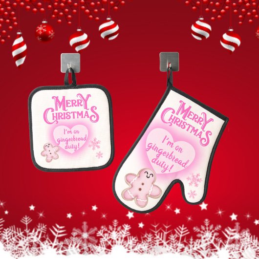 ピンクのクリスマス私はジンジャーブレッドのデューティホワイトに乗っている | 鍋つかみ&鍋敷きセット