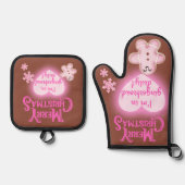 ピンクのクリスマス私はジンジャーブレッドDuty brownに乗っている | 鍋つかみ&鍋敷きセット (正面)