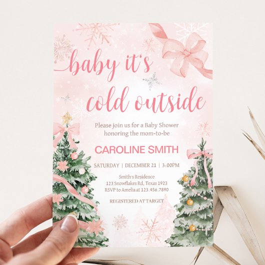 ピンクのクリスマス赤ちゃんシャワー外は寒い 招待状
