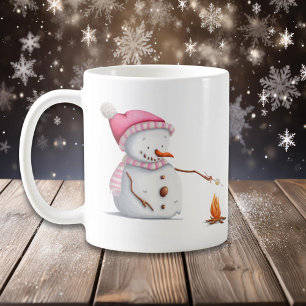 ピンクのクリスマス雪だるまローストマーシュマローズ コーヒーマグカップ