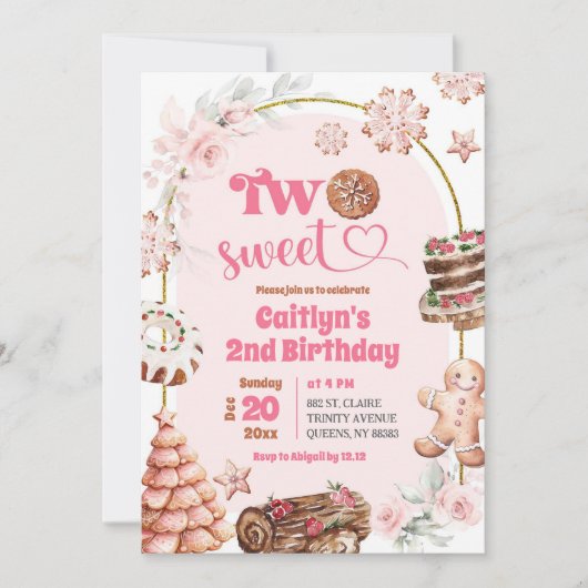 ピンクのクリスマス2つの甘い冬2nd誕生日 招待状 (正面)