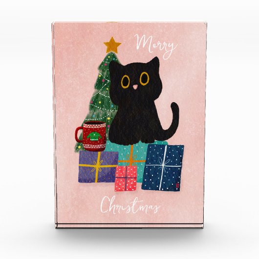 ピンクのクリスマス かわいい猫のコーヒー フォトブロック (正面)