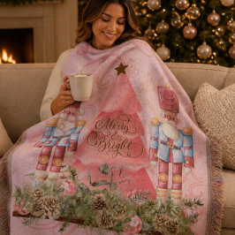 ピンクのクリスマス・くるみ割り人形とツリーのスローブランケット スローブランケット