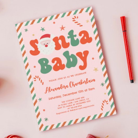 ピンクのクリスマス サンタベイビー ベイビーシャワー 招待状