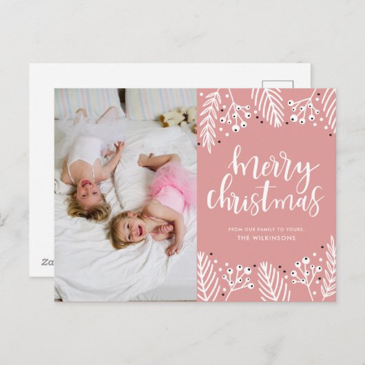 ピンクのクリスマス シーズンポストカード (正面/裏面)