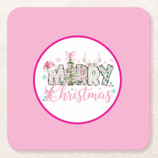 ピンクのクリスマス スクエアペーパーコースター