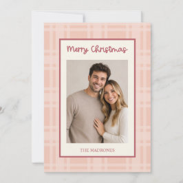 ピンクのクリスマス・チェック柄のポートレート写真入り シーズンカード