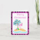 ピンクのクリスマス フラミンゴとグリッターのヤシの木 シーズンカード (正面)