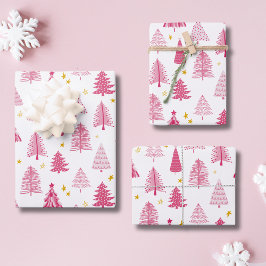 ピンクのクリスマス ホリデーツリー ラッピングペーパーシート