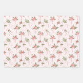 ピンクのクリスマス ホリー キャンディー ケーンとリボン ラッピングペーパーシート (正面2)