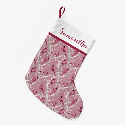 ピンクのクリスマス(鳥)ショウジョウコウカンチョウの鳥パーソナライズされたの名前 スモールクリスマスストッキング (正面 (吊り時))