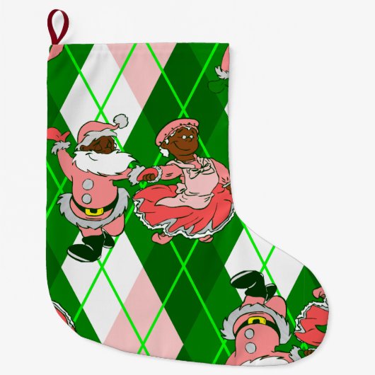 ピンクのクリスマス 黒サンタの妻 チェック柄 ラージクリスマスストッキング (正面)
