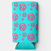 ピンクのクリームのドーナツのパターン青 スリム缶クーラー (正面)