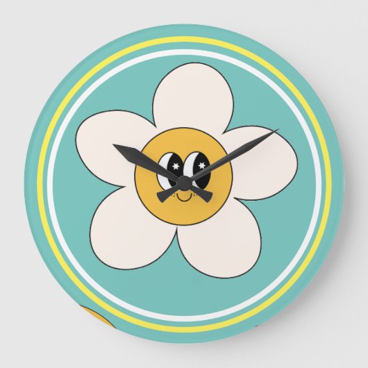 ピンクのクリームイラストレーションレトロな花の壁時計。 ラージ壁時計 (正面)