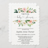 ピンクのクリームフラワーカリグラフィー仮想ベビーシャワー 招待状 (正面/裏面)