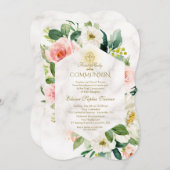 ピンクのクリームフラワーフレーム大理石聖餐式 招待状 (正面/裏面)