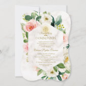 ピンクのクリームフラワーフレーム大理石聖餐式 招待状 (正面)