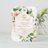 ピンクのクリームフラワーフレーム大理石聖餐式 招待状 (スタンド正面)