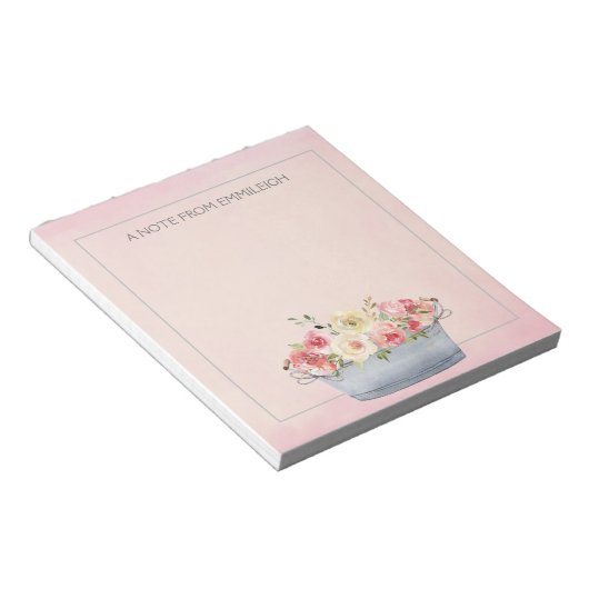 ピンクのクリーム水色の花メタル浴槽メモ帳 ノートパッド (アングル)