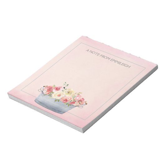 ピンクのクリーム水色の花メタル浴槽メモ帳 ノートパッド (回転)