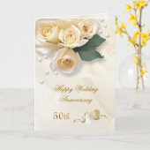 ピンクのクリーム色のバラとハート 50周年結婚記念日 カード (黄色い花)