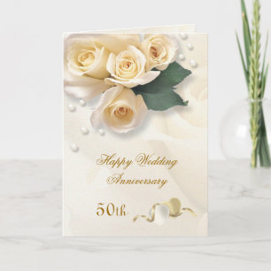 ピンクのクリーム色のバラとハート 50周年結婚記念日 カード
