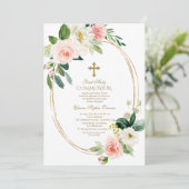 ピンクのクリーム色の花のオーバルフレーム 初聖体拝領 招待状 (スタンド正面)
