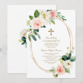 ピンクのクリーム色の花のオーバルフレーム 初聖体拝領 招待状 (正面/裏面)
