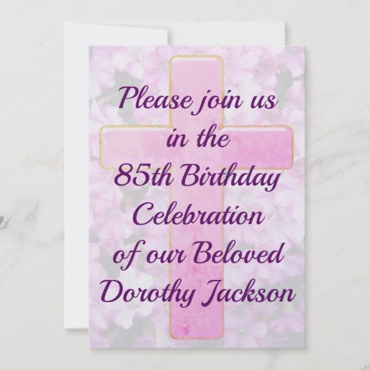 ピンクのクロスと花の85歳の誕生日招待状 招待状 (正面)