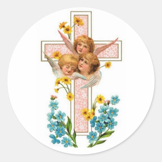 ピンクのクロスを持つ素敵なヴィンテージ天使 ラウンドシール (正面)