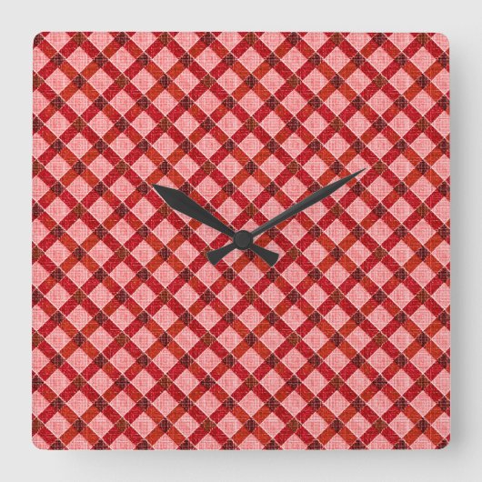 ピンクのクロスタータンチェックの格子柄と軽い粗いレリーフ、 浮き彫りのTh スクエア壁時計 (正面)