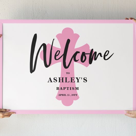 ピンクのクロスバプテスマ水平歓迎サイン ポスター