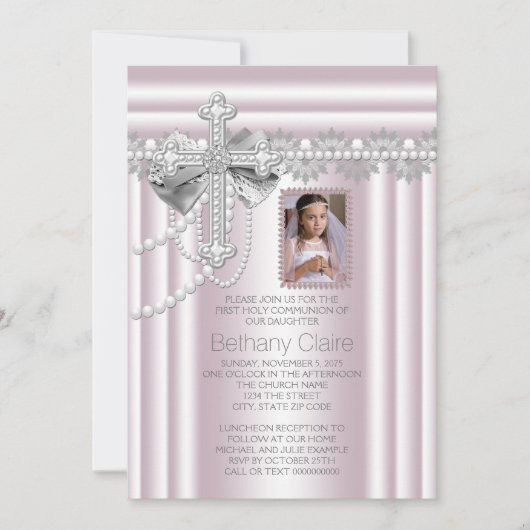 ピンクのクロス写真 ファーストコミュニオン 招待状 (正面)