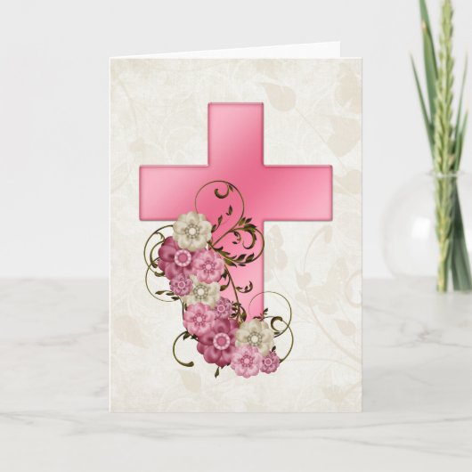 ピンクのクロスw花1 Christian Greeting Card シーズンカード (正面)