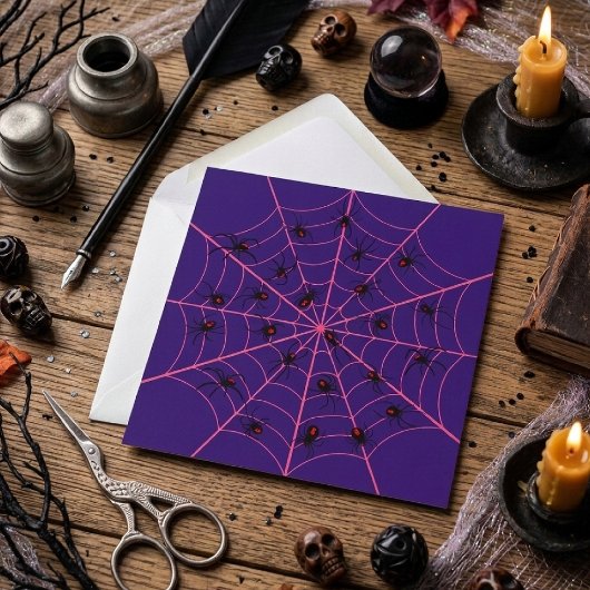 ピンクのクロヒメグモのクモの巣アート ハロウィンパターン カード