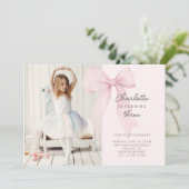 ピンクのクートなリボンの写真付き誕生日招待状 招待状 (スタンド正面)