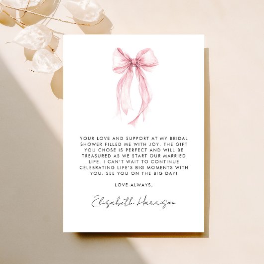 ピンクのクートゥール リボン ウォーターカラー ブライダルシャワー サンキューカード