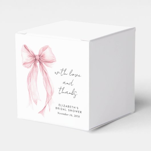 ピンクのクートゥール リボン ウォーターカラー ブライダル シャワー フェイバーボックス (正面サイド)