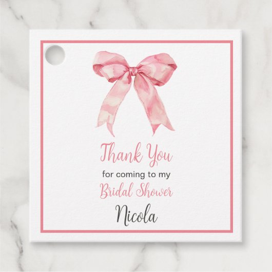 ピンクのクート コケット ボウ ブライダル シャワー フェイバータグ (正面)