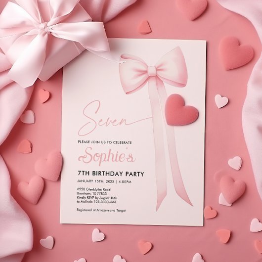 ピンクのクート・コケット・ボウ 7歳の誕生日招待状 招待状
