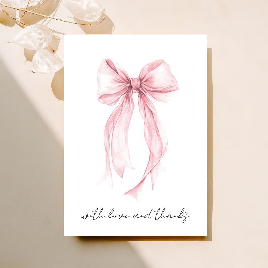 ピンクのクート コッケット ボウ ウォーターカラー ブライダル シャワー サンキューカード