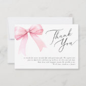 ピンクのクート・ボウ ウェディングシャワー サンキューカード (正面)